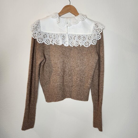 Zara Combination Wool Blend Sweater Brown Collared Lace Small - Picture 6 of 8